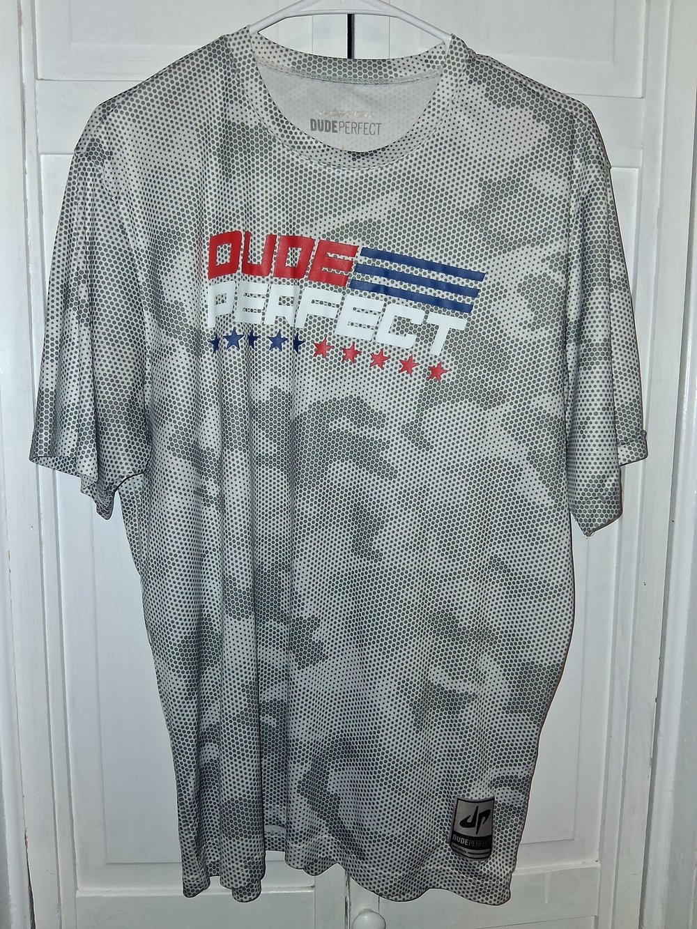 DUDE PERFECT Sport-Tek Men’s Short Sleeve Gray Graphic Tee with Red & Blue Logo